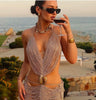 Vestido de Franjas Com Detalhe de Concha Dourado