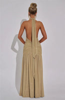 Vestido Longo Todo em Lurex Brilhoso Com Fenda Frontal Bege