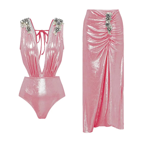 Conjunto 2 Peças Maiô e Saia Acetinado Rosa
