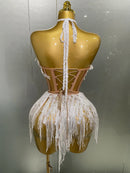 Macaquinho Em Tule Sem Manga Com Pérolas e Franjas Branco