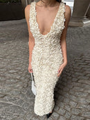 Vestido Longo Com Fenda Flores 3D Off White