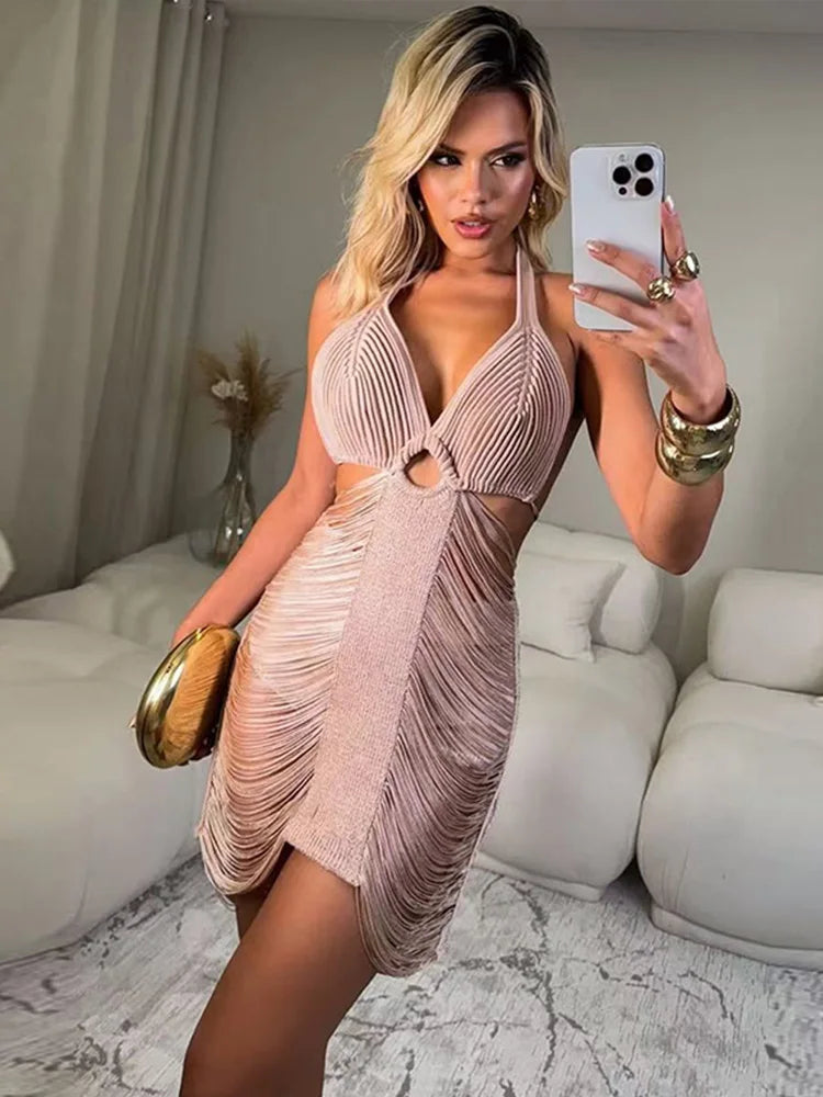 Vestido Curto De Tricô Com Franjas Rosa