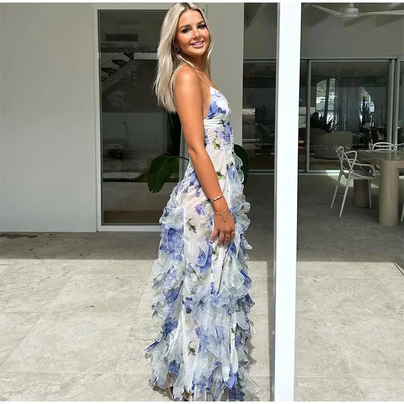 Vestido Longo Com Babados Alça Fina Floral