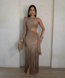 Vestido Longo Um Ombro Diagonal Só Com Franjas Bege