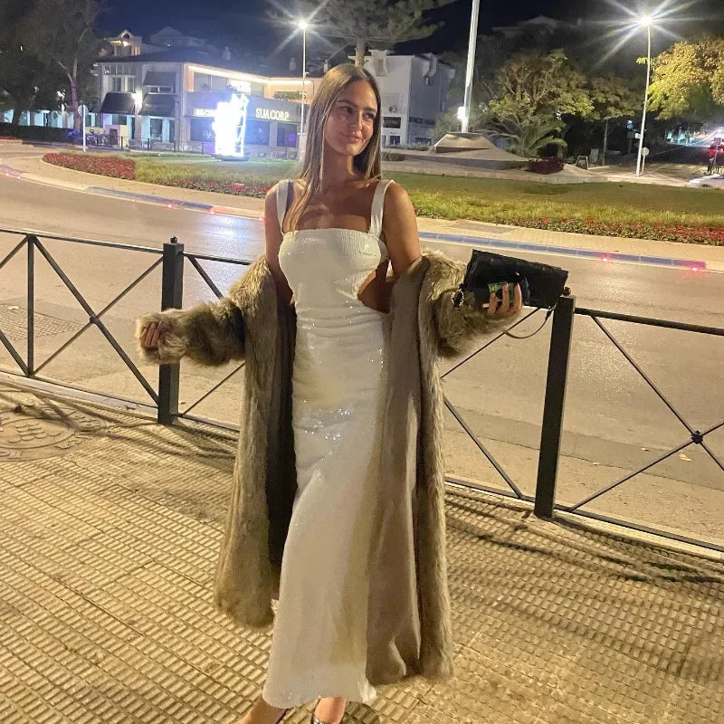 Vestido Longo De Paetês Com Alça Média Prata