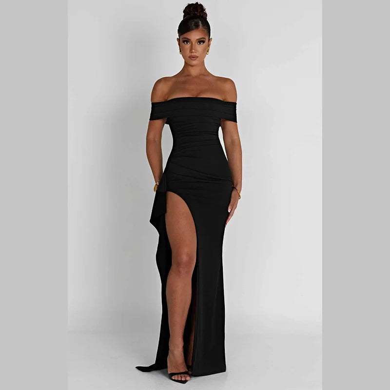 Vestido Ombro A Ombro Com Fenda Preto