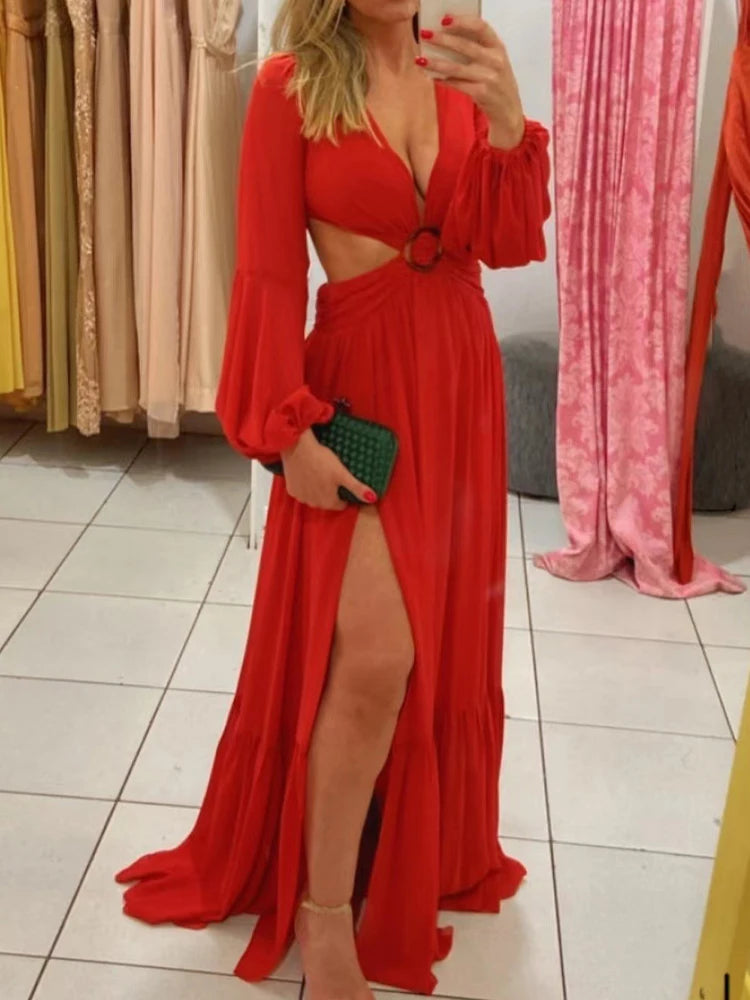 Vestido Longo Manga Longa Com Fenda em Musseline Rosa