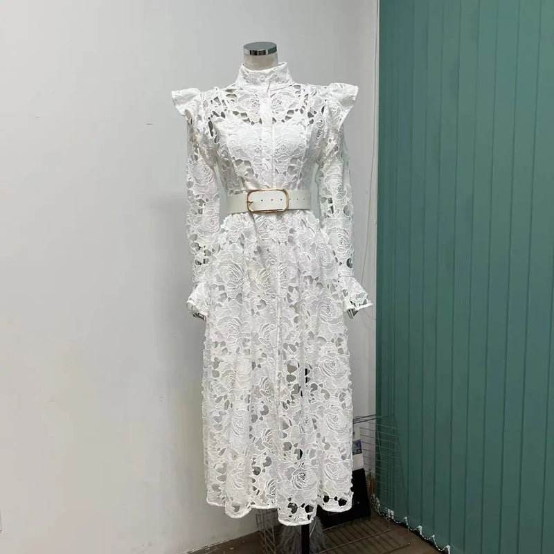 Vestido Midi Rendado Manga Longa Com Cinto Branco
