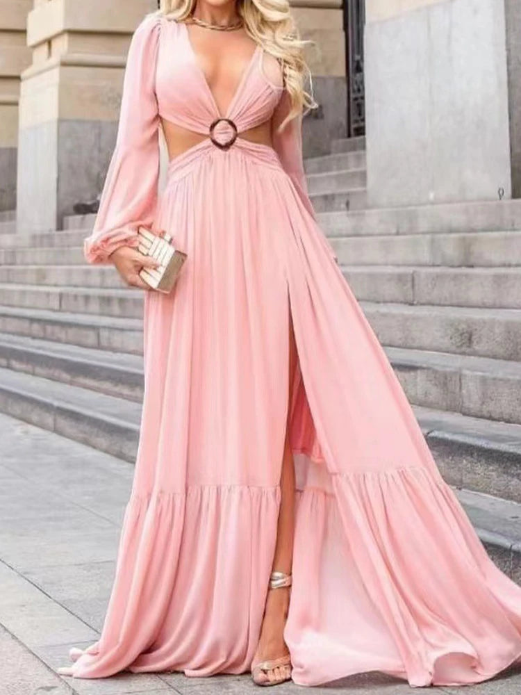 Vestido Longo Manga Longa Com Fenda em Musseline Rosa