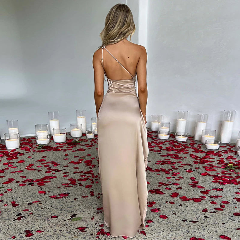Vestido Longo De Cetim Um Ombro Só Com Fenda Vermelho