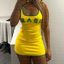 Vestido Curto Com Alça Fina Amarelo Estampa Brasil
