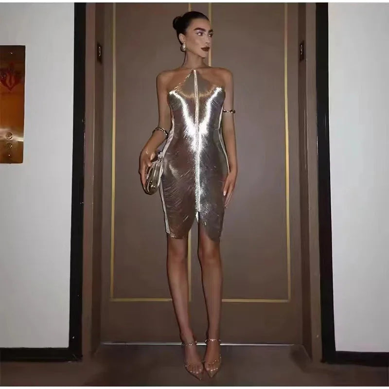 Vestido Midi De Franjas Gola Halter Dourado