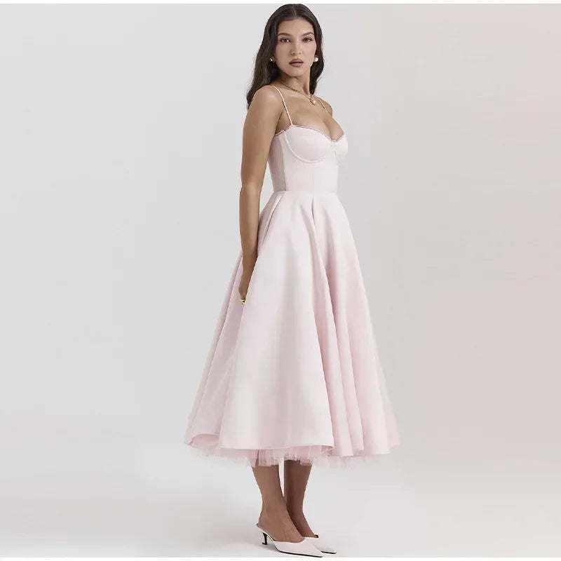 Vestido Rodado Decote Coração Rosa