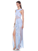 Vestido Longo Franzido de Malha com Recortes e Franjas Azul