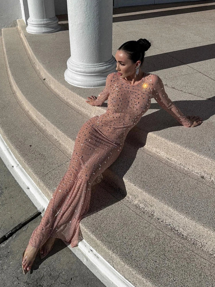 Vestido Longo Segunda Pele Com Strass Nude