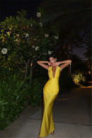 Vestido Longo Recorte Reto Com Fenda Amarelo