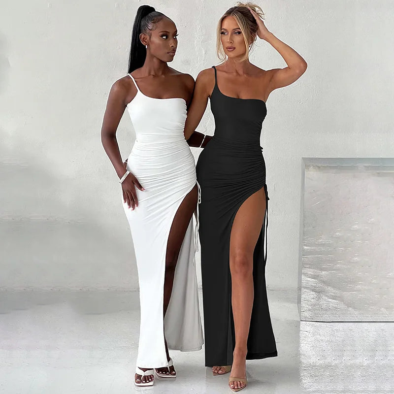 Vestido Longo Um Ombro Só Com Fenda Drapeado