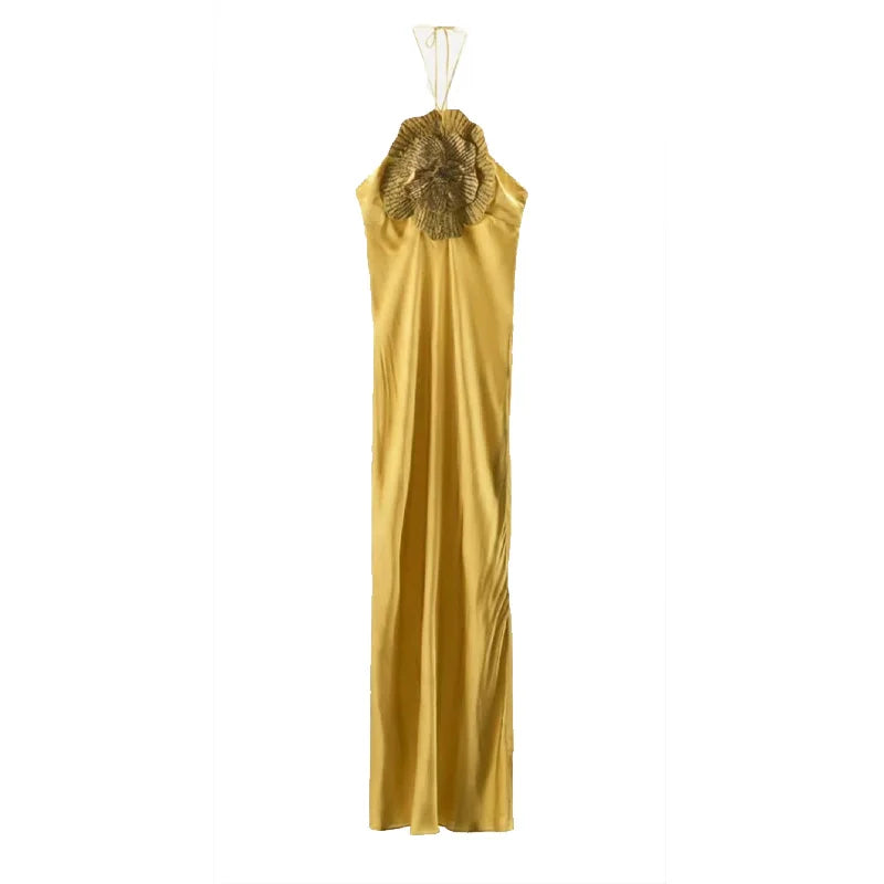 Vestido Longo Em Cetim Com Amarração No Pescoço Amarelo