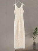 Vestido Longo Com Fenda Flores 3D Off White