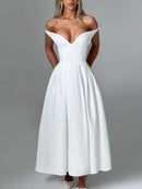 Vestido Longo Estruturado Rodado Ombro a Ombro Branco