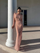 Vestido Longo Segunda Pele Com Strass Nude