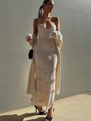 Vestido Longo Decote V Flores 3D Off White