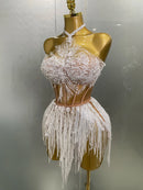 Macaquinho Em Tule Sem Manga Com Pérolas e Franjas Branco