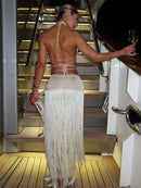 Vestido Longo De Franjas Com Recortes Assimétricos Off White