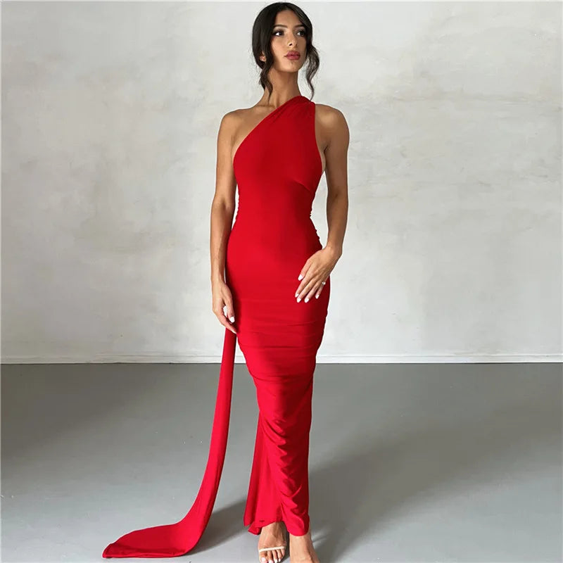 Vestido Longo Drapeado Um Ombro Só Preto