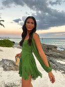 Vestido Curto Em Chiffon Manga Longa Preto