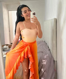 Conjunto 2 Peças Maiô e Saia Com Babados Laranja