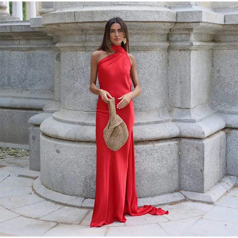 Vestido Longo Cetim Um Ombro Só Com Amarração No Pescoço Amarelo