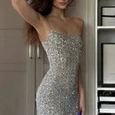 Vestido Midi De Paetês Alça Fina Prata