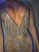 Vestido Curto De Strass Manga Longa Decote Profundo