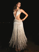 Vestido Longo De Franjas Com Recortes Assimétricos Off White