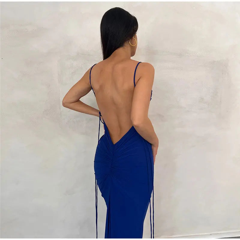 Vestido Longo Cauda Drapeada Alça Fina Azul