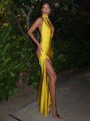 Vestido Longo Recorte Reto Com Fenda Amarelo