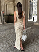 Vestido Longo Com Fenda Flores 3D Off White