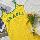 Vestido Curto Com Alça Fina Amarelo Estampa Brasil