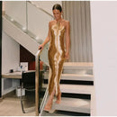 Vestido Midi De Franjas Gola Halter Dourado