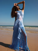 Vestido Longo Franzido de Malha com Recortes e Franjas Azul