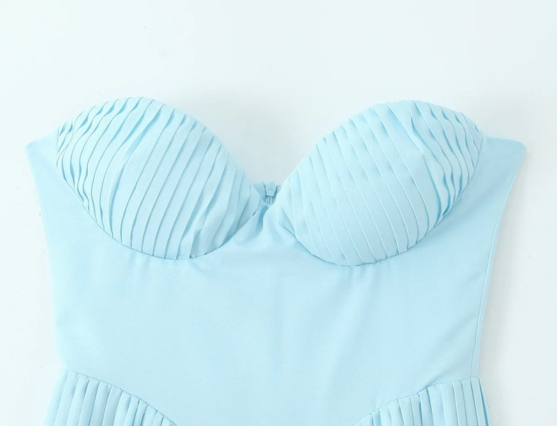 Vestido Longo Chiffon Plissado Tomara Que Caia Azul Ciano