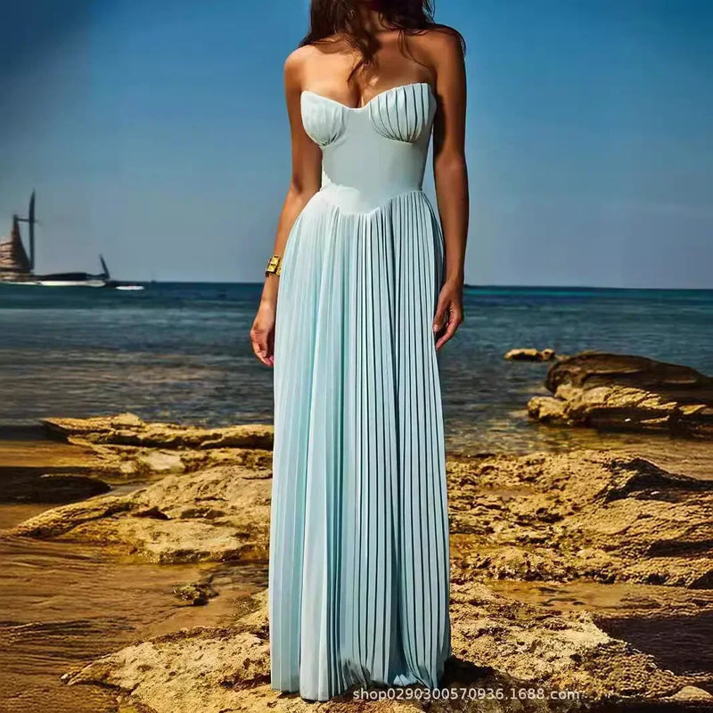 Vestido Longo Chiffon Plissado Tomara Que Caia Azul Ciano
