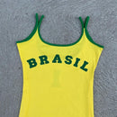 Vestido Curto Com Alça Fina Amarelo Estampa Brasil