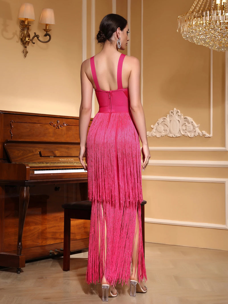 Vestido Longo De Malha Todo Em Franjas Pink