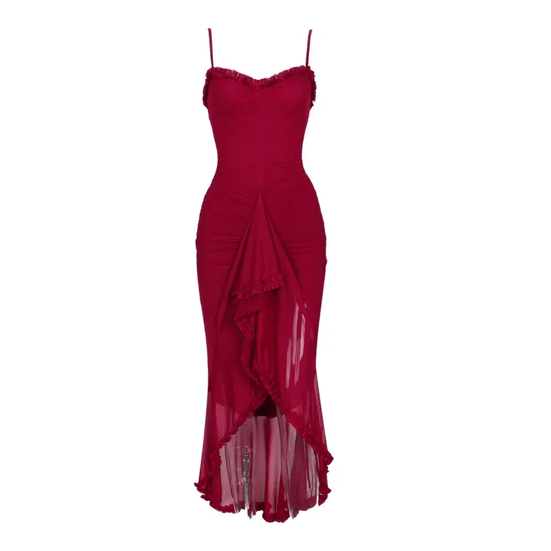 Vestido Longo Assimétrico Em Tule Com Fenda Vinho