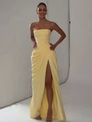 Vestido Longo Tomara Que Caia Com Fenda Drapeado Amarelo