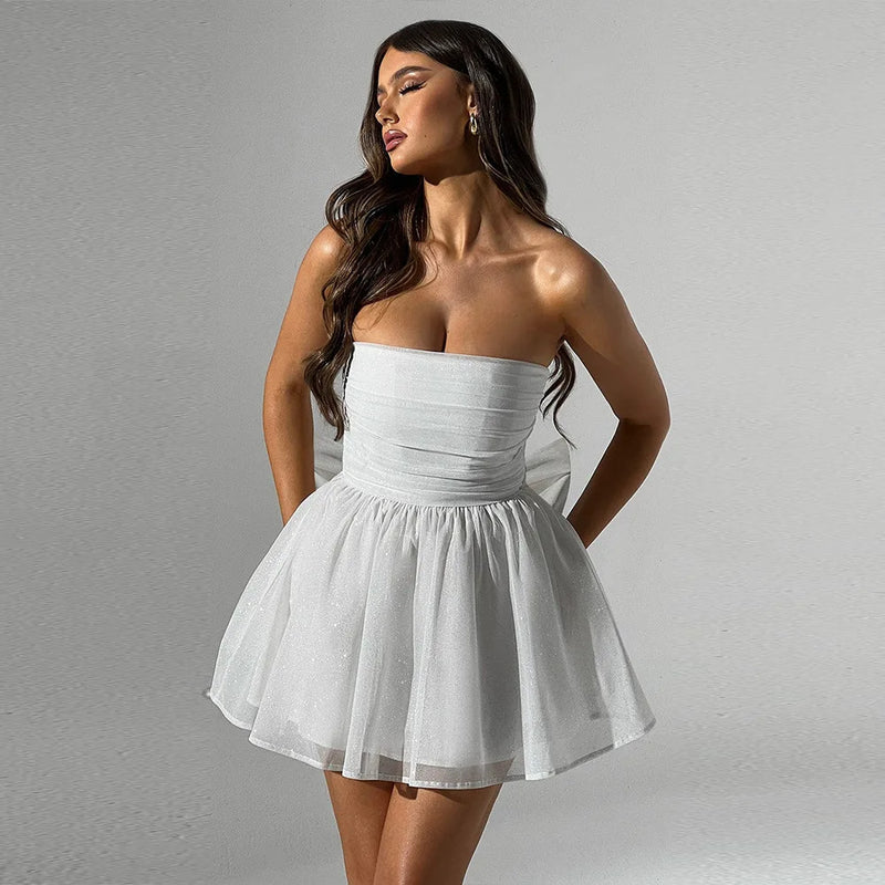 Vestido Curto Tomara Que Caia Em Lurex Brilhoso Bege