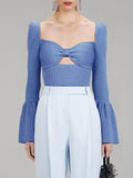 Blusa De Malha Premium Decote Borboleta Manga Longa Com Babados Azul