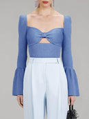 Blusa De Malha Premium Decote Borboleta Manga Longa Com Babados Preto